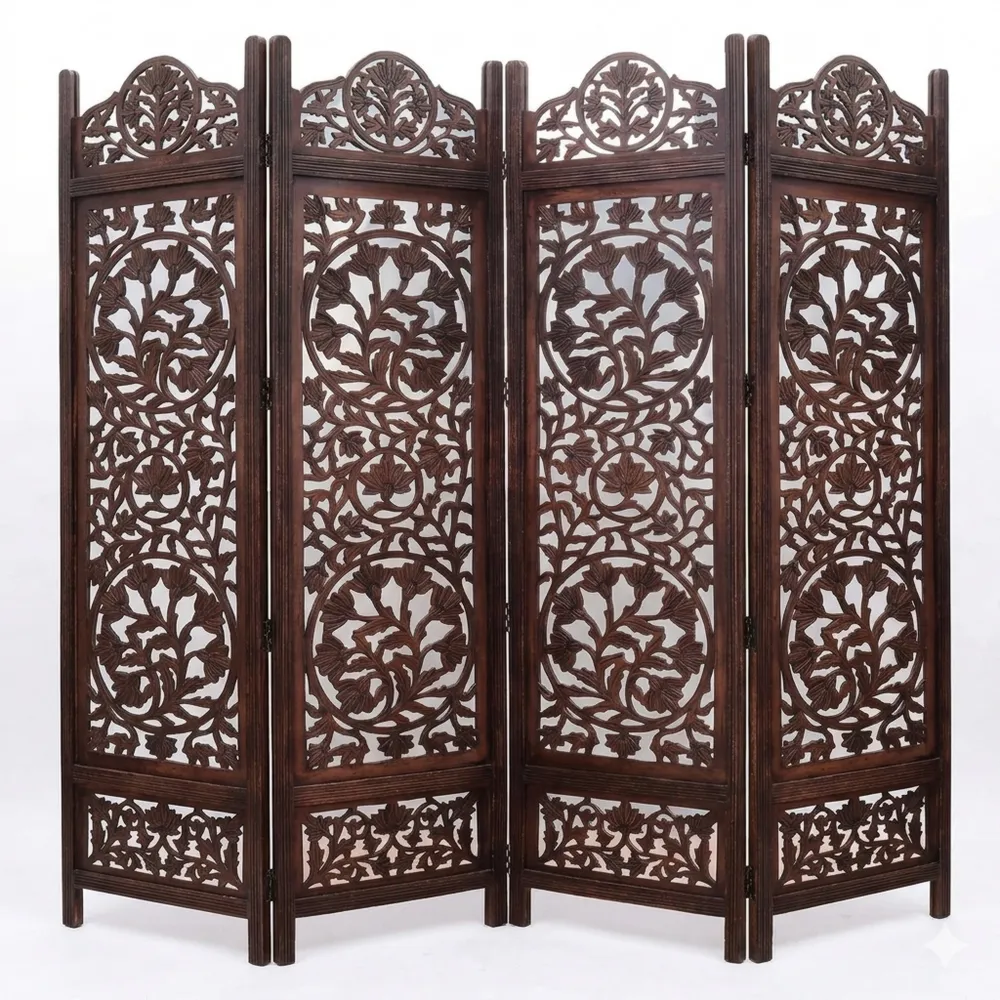 3-teiliger Raumteiler aus Mangoholz mit dekorativen Mustern