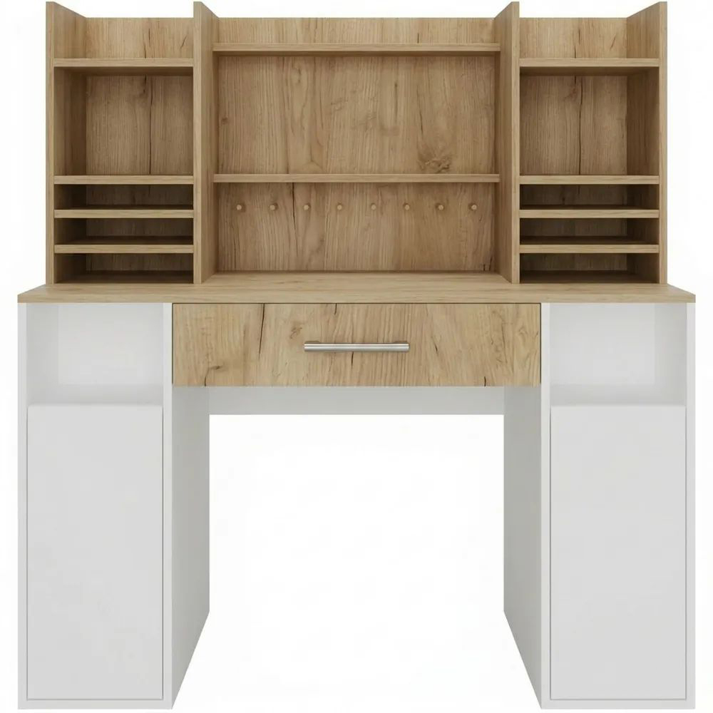 Moderner Arbeitstisch mit Regalen und Kabeldurchlass, Weiß/Sonoma