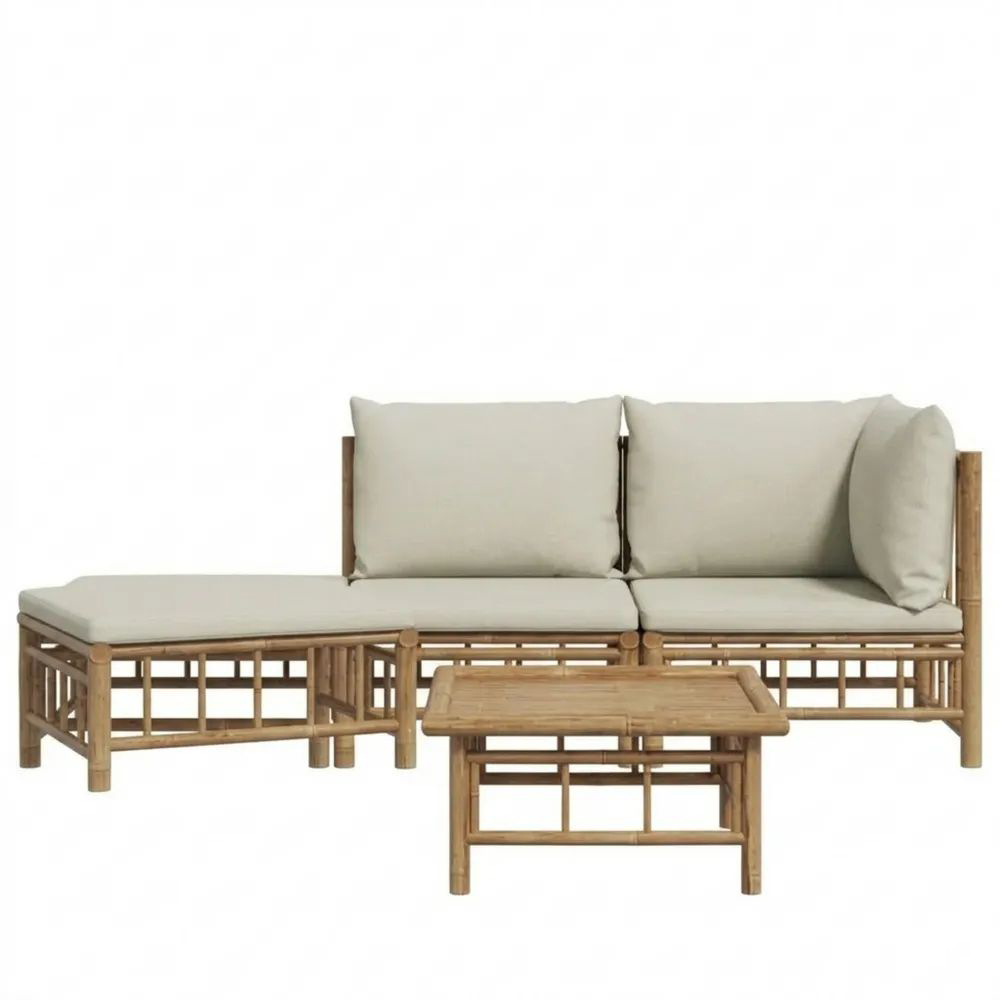 Garten-Lounge-Set mit Kissen aus Bambus, Creme