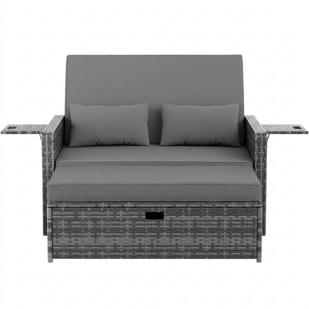 Gartenlounge Set aus Rattan, 2-Sitzer Sofa mit verstellbarer Lehne und Stauraum, wetterfeste Möbel für Balkon und Terrasse, inklusive Hocker und Kissen, Grau