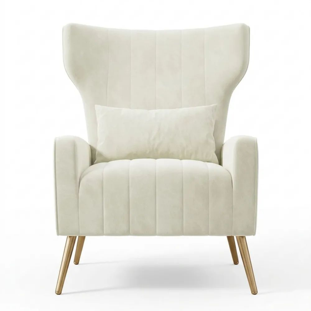 Samt Fernsehsessel mit Kissen und Metallsockel, Beige