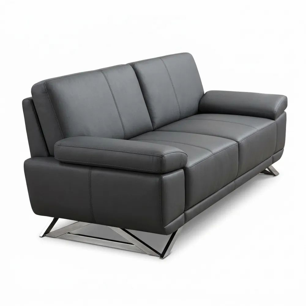 Modernes 3-Sitzer Echtleder-Sofa mit verstellbaren Armlehnen, schwarz