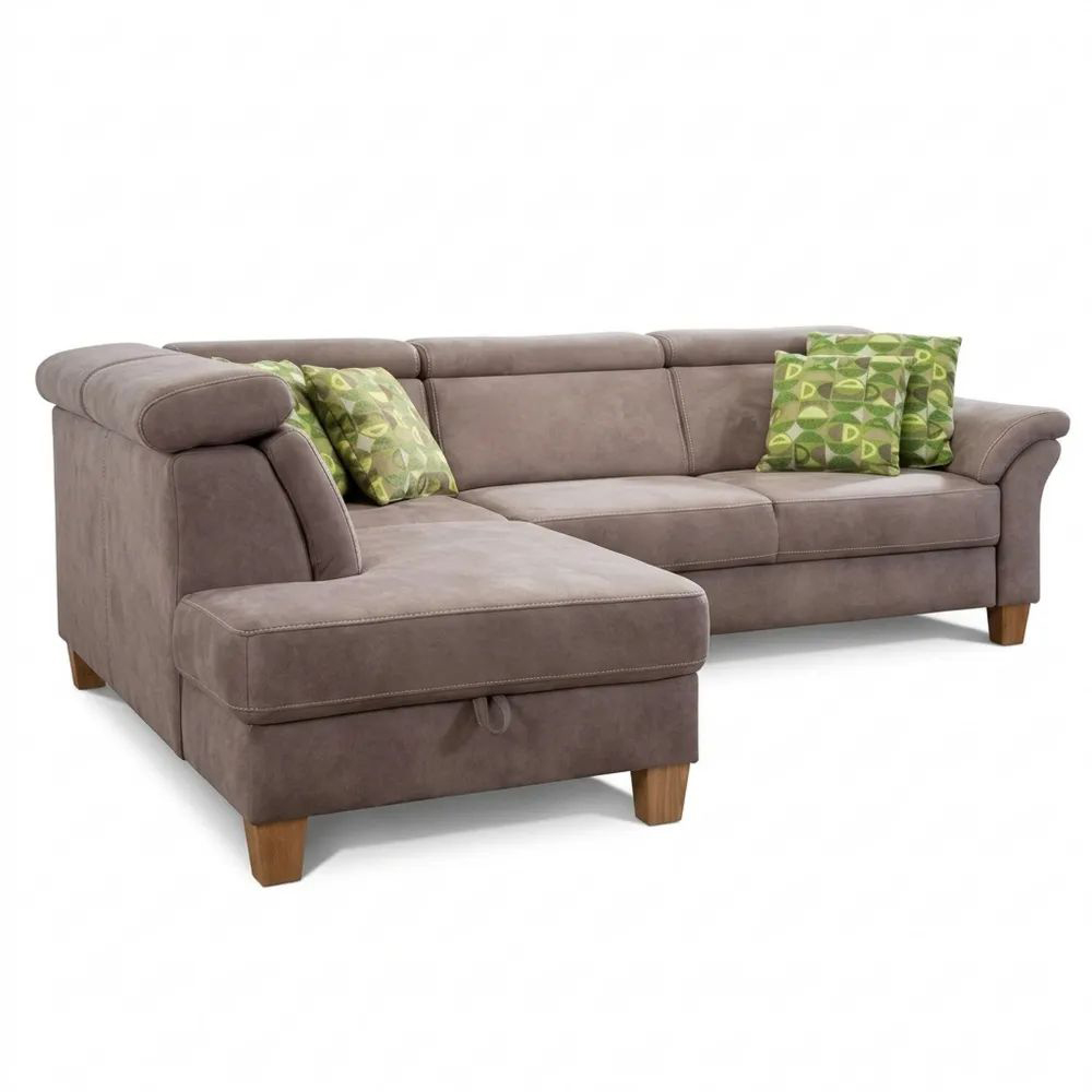 Ecksofa mit Ottomane und verstellbaren Kopfstützen in Lederoptik, hellbraun