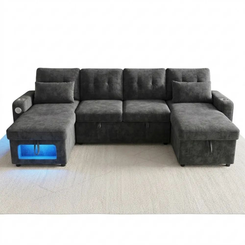 Ecksofa mit Schlaffunktion und Stauraum, U-Form, LED-Beleuchtung, Grau