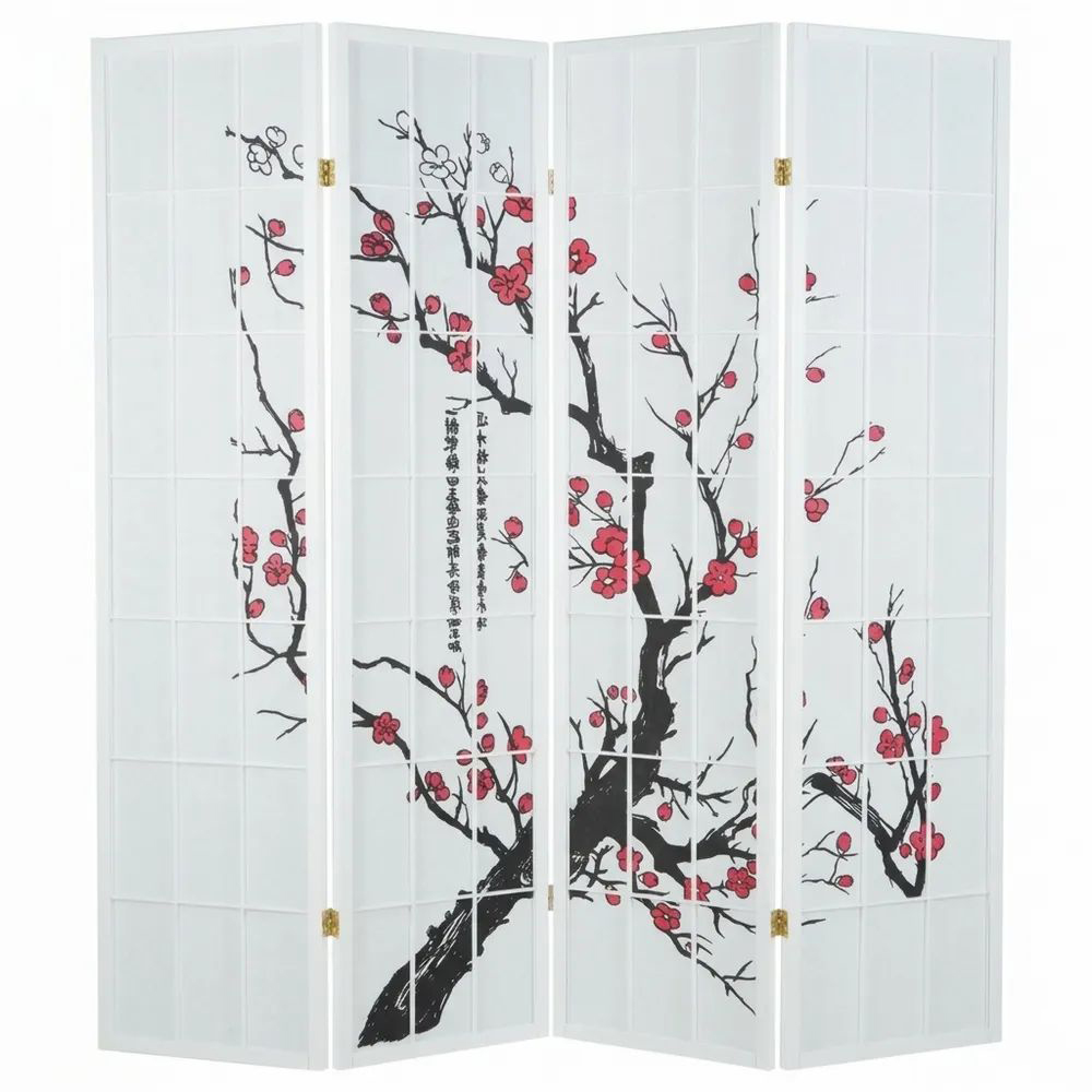 4-teiliger Paravent aus Holz mit Reispapier und Kirschblütenmotiv