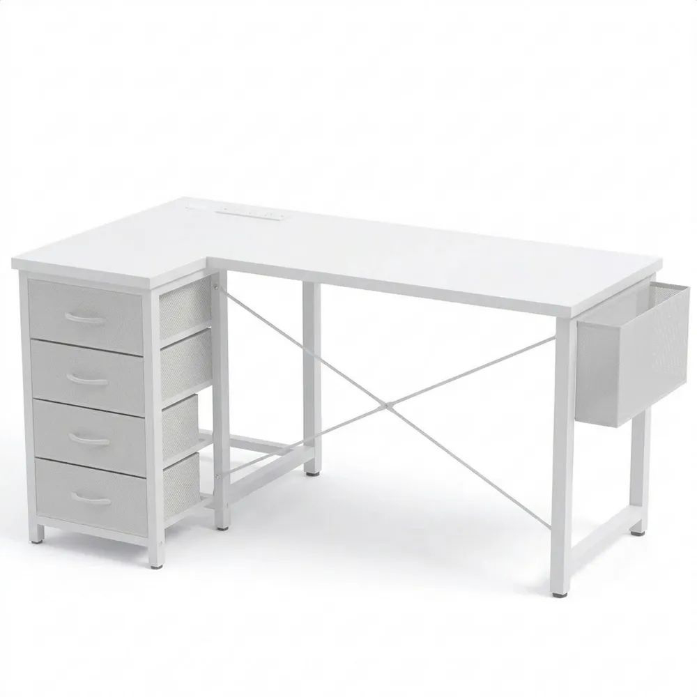 Eckschreibtisch L-Form mit USB-Anschluss und Steckdose, inklusive Monitorablage, Weiß