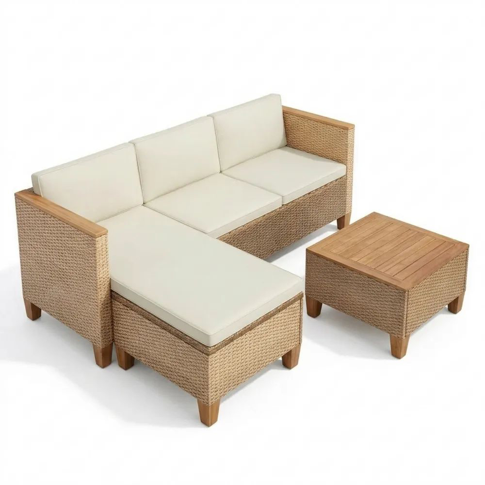 Gartenmöbel Set für Terrasse: Rattan Lounge mit Chaiselongue, Sofa und Tisch