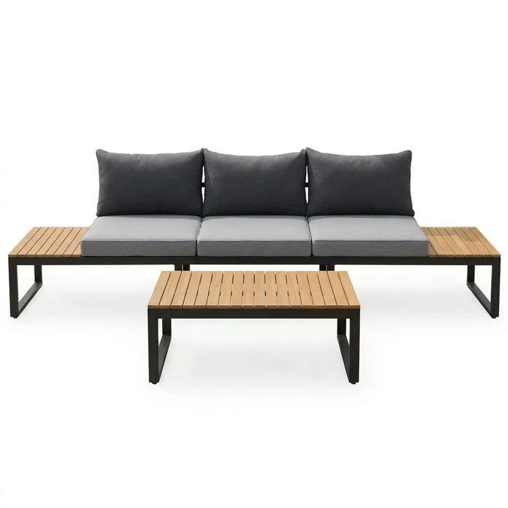 Modulares Gartenmöbel Set mit Ecksofa & Tisch, wetterfest, aus Akazienholz & Stahl, inklusive schwarze Kissen