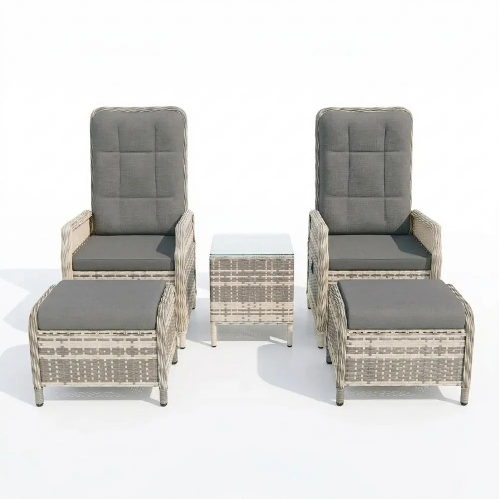Verstellbares Rattan Sitzmöbel-Set für Garten mit Fußhocker & Glastisch, Wetterfest in Grau