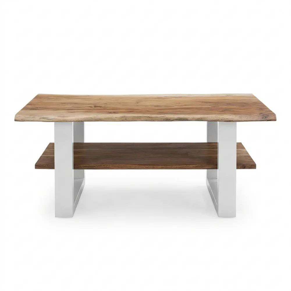 Moderner Couchtisch aus massivem Akazienholz mit Ablage