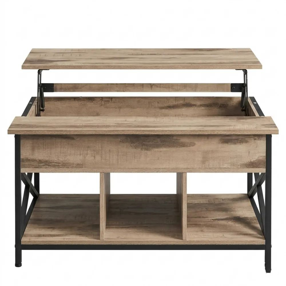 Höhenverstellbarer Wohnzimmertisch mit Stauraum und X-Streben, Kamelbraun-Schwarz