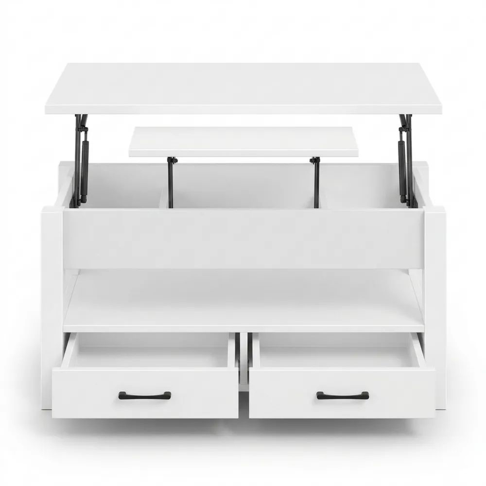 Höhenverstellbarer Wohnzimmertisch mit verstecktem Fach und Schublade, umwandelbar in Esstisch, 100 x 50 cm, Weiß
