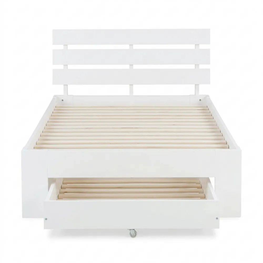 Einzelbett 90x200 cm mit Schublade und Lattenrost, weißes Kiefernholz