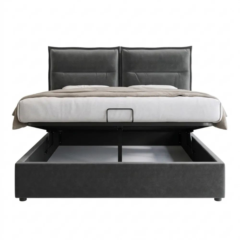 Polsterbett 140x200 cm mit Stauraum und Lattenrost, Verstellbares Kopfteil, Samt Grau
