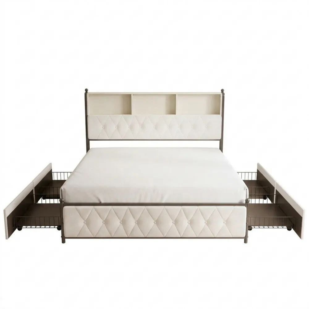 Modernes Polsterbett 180x200 mit LED und USB, 4 Schubladen, Kopfteil mit Stauraum