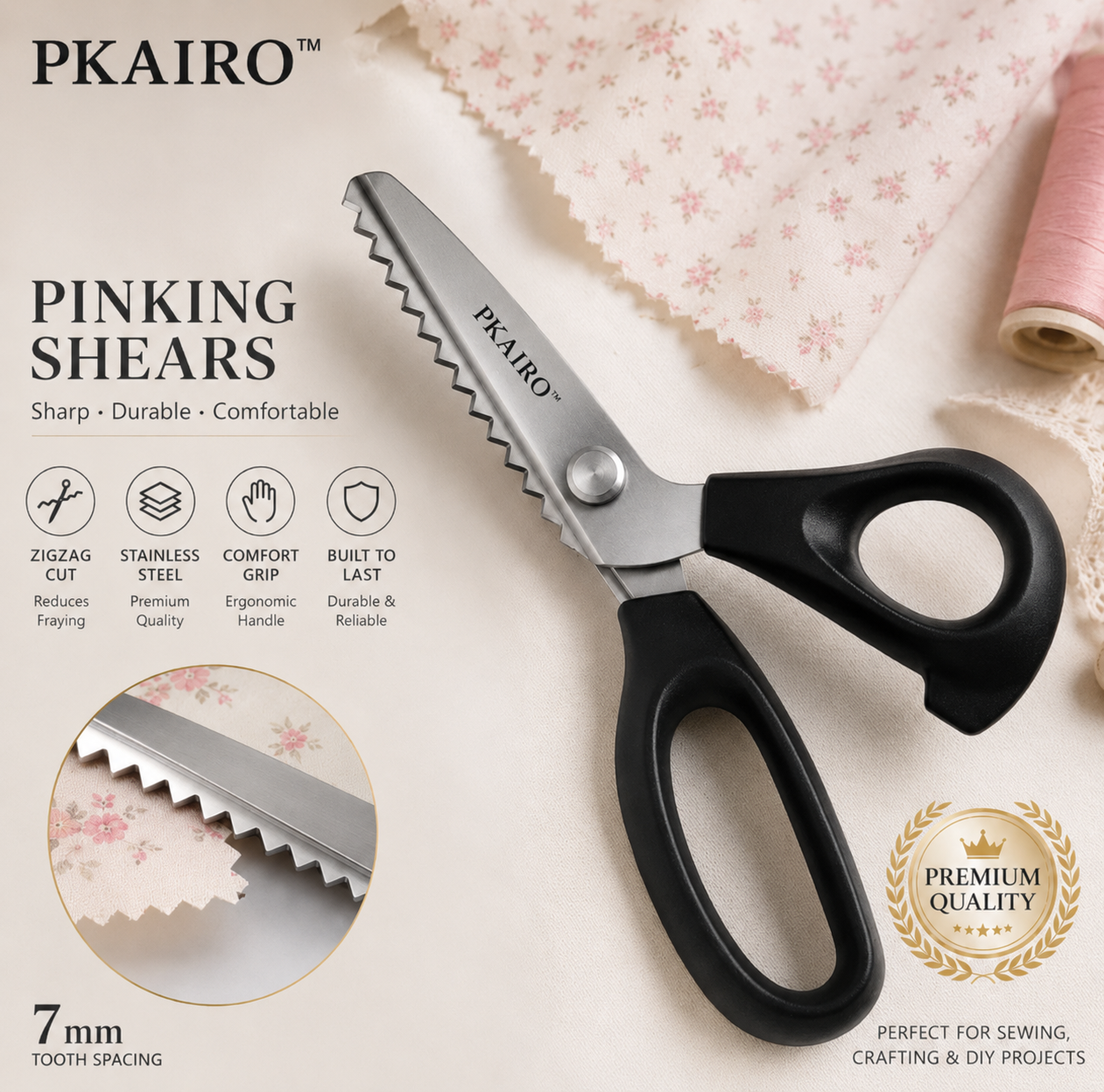 PKAIRO ✂️9,1" Ammattimaiset ruostumattomasta teräksestä valmistetut hapsuuntumista estävät sakset - ✨Terävä sikssak-reuna ompeluun ja DIY-käsitöihin