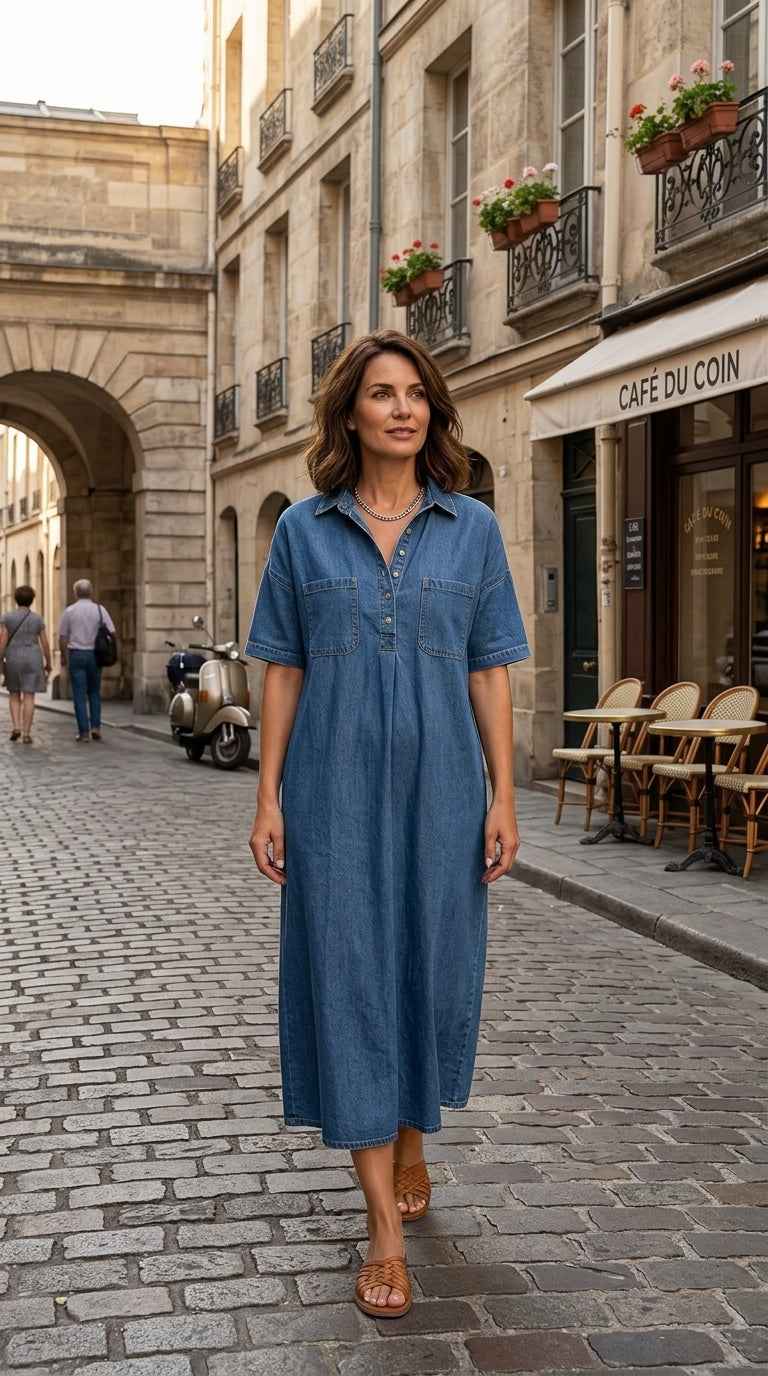 👗 NYT -60% ALENNUS! 👖 Rento taskullinen denim-midipaitamekko – Pehmeää denimiä ja rento istuvuus – Toiminnalliset taskut, täydellinen jokapäiväiseen arkeen – mukava ja monipuolinen ✨🌸