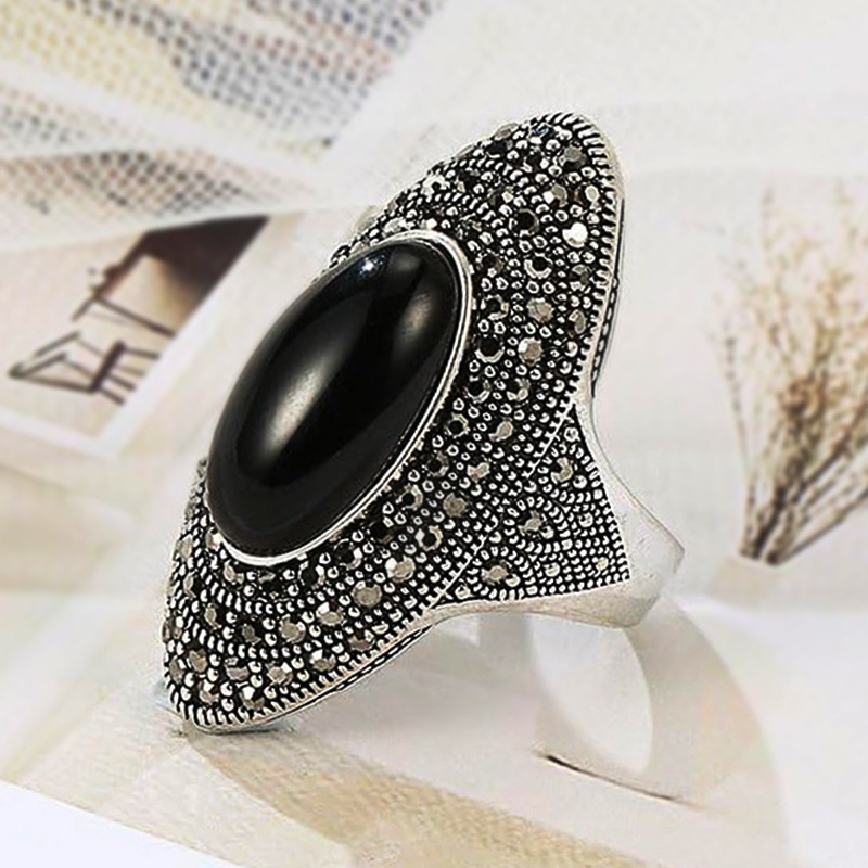 💍 LIMITED-TIME 50% OFF! ✨ Women's Vintage Black Statement Ring – Marcasite, Sizes 6-10 🌙