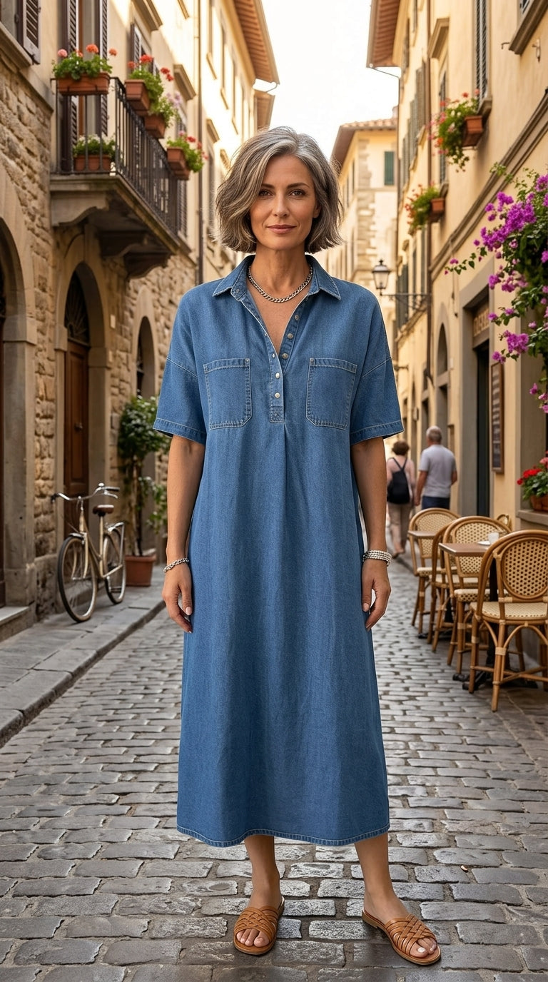 👗 NYT -60% ALENNUS! 👖 Rento taskullinen denim-midipaitamekko – Pehmeää denimiä ja rento istuvuus – Toiminnalliset taskut, täydellinen jokapäiväiseen arkeen – mukava ja monipuolinen ✨🌸