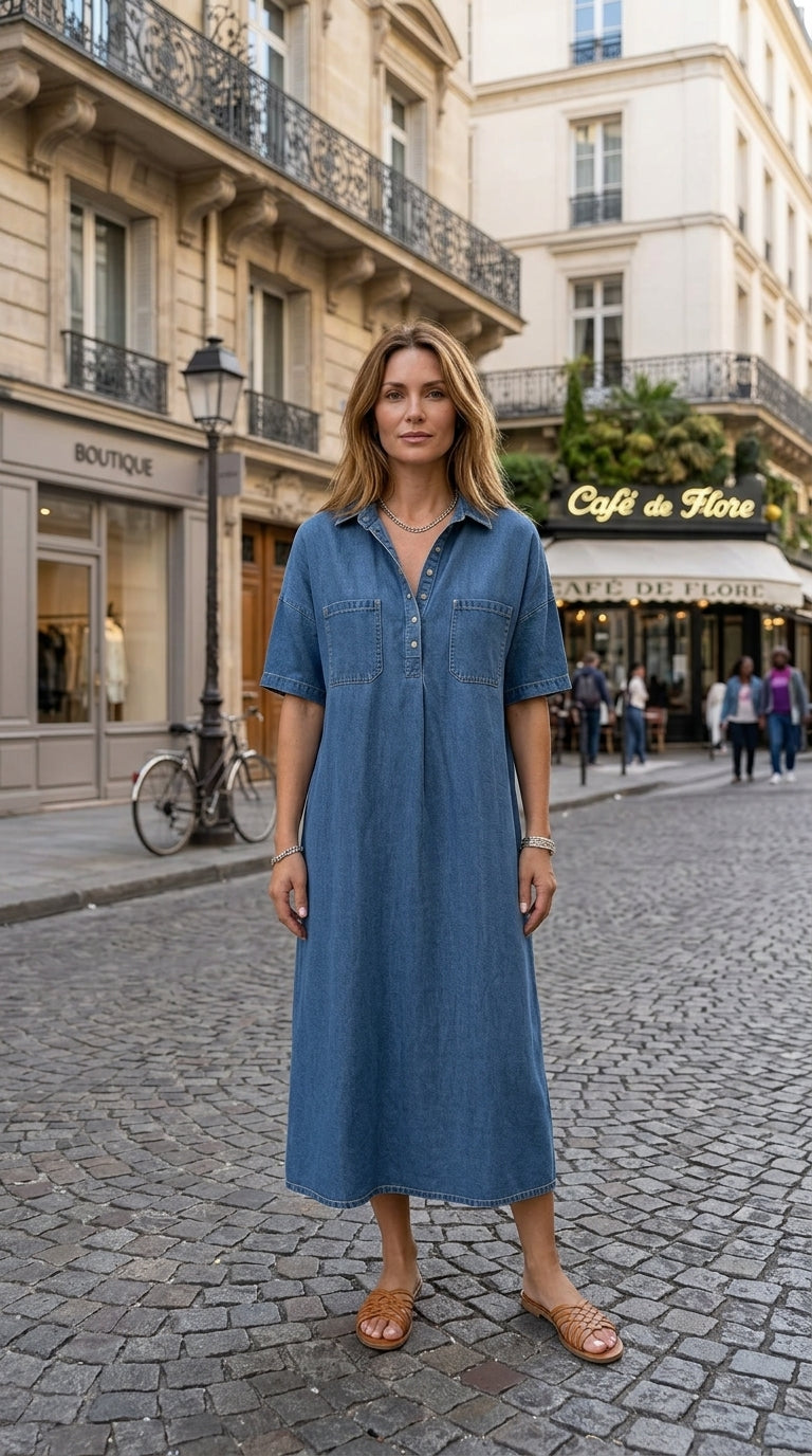 👗 NYT -60% ALENNUS! 👖 Rento taskullinen denim-midipaitamekko – Pehmeää denimiä ja rento istuvuus – Toiminnalliset taskut, täydellinen jokapäiväiseen arkeen – mukava ja monipuolinen ✨🌸