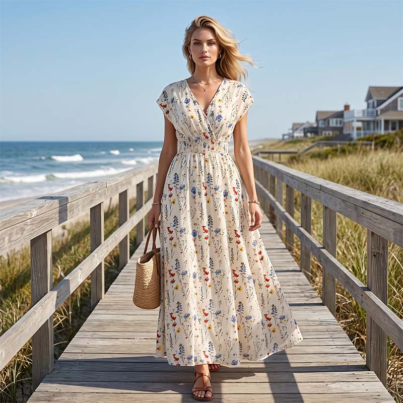 👗 RAJOITETUN AJAN -50 % ALE! ✨ Kukkakuvioinen maksimekko V-pääntiellä – Elegantti rypytetty vyötärö, premium-kangas 🌸