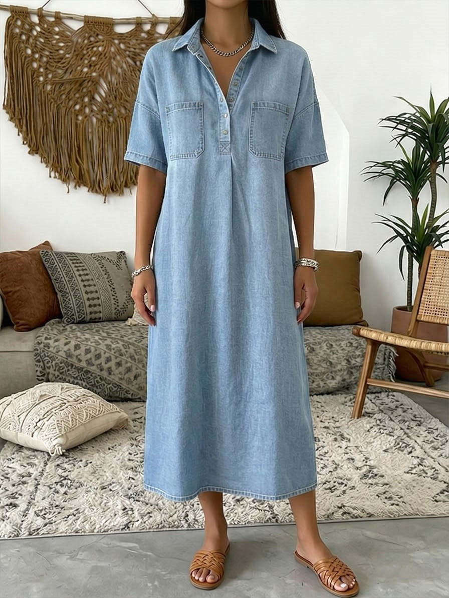 👗 NYT -60% ALENNUS! 👖 Rento taskullinen denim-midipaitamekko – Pehmeää denimiä ja rento istuvuus – Toiminnalliset taskut, täydellinen jokapäiväiseen arkeen – mukava ja monipuolinen ✨🌸