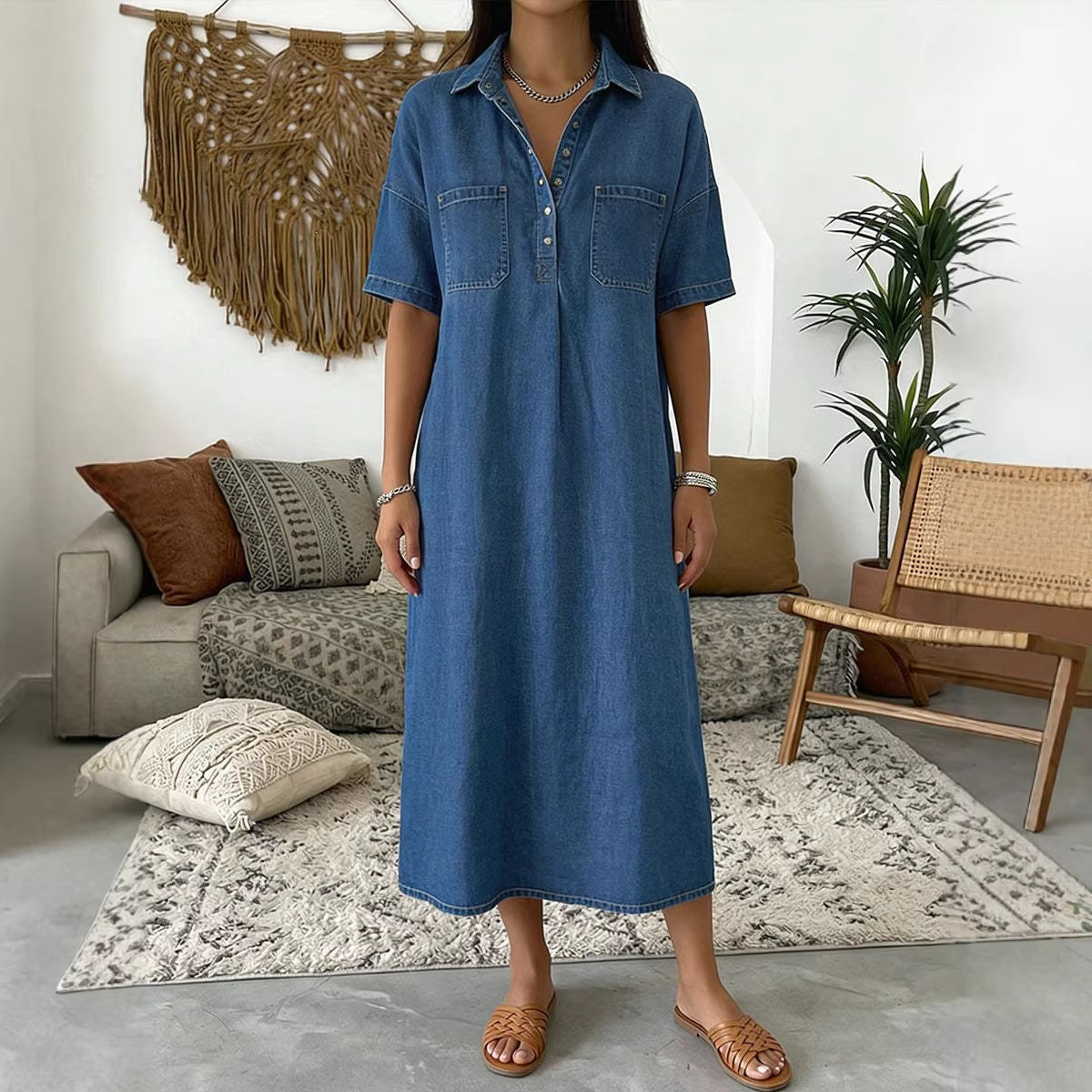 👗 NYT -60% ALENNUS! 👖 Rento taskullinen denim-midipaitamekko – Pehmeää denimiä ja rento istuvuus – Toiminnalliset taskut, täydellinen jokapäiväiseen arkeen – mukava ja monipuolinen ✨🌸
