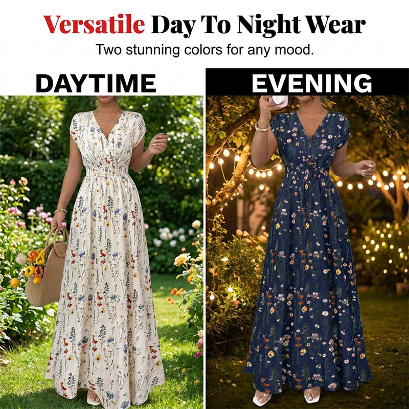 👗 RAJOITETUN AJAN -50 % ALE! ✨ Kukkakuvioinen maksimekko V-pääntiellä – Elegantti rypytetty vyötärö, premium-kangas 🌸