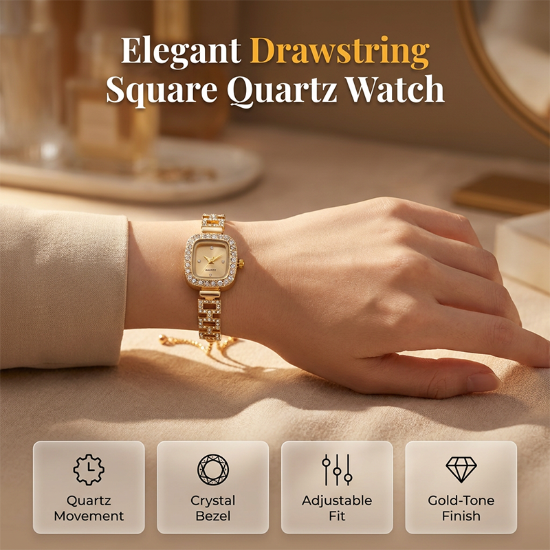 Elegant drawstring square quartz watch