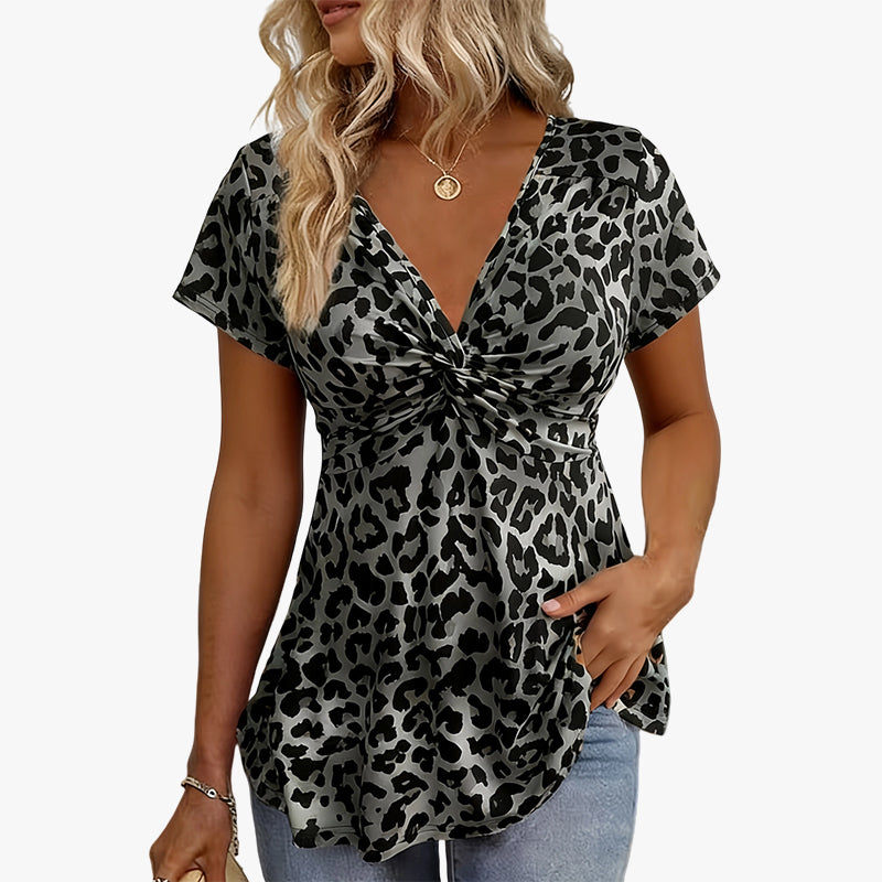 🐆 NYT -50 % ALE! 👗 Naisten V-aukkoinen solmupaita leopardikuosilla – Liehuva peplum-helma, pehmeää polyesteriä & imarteleva siluetti – Vaivatonta tyyliä 🌿