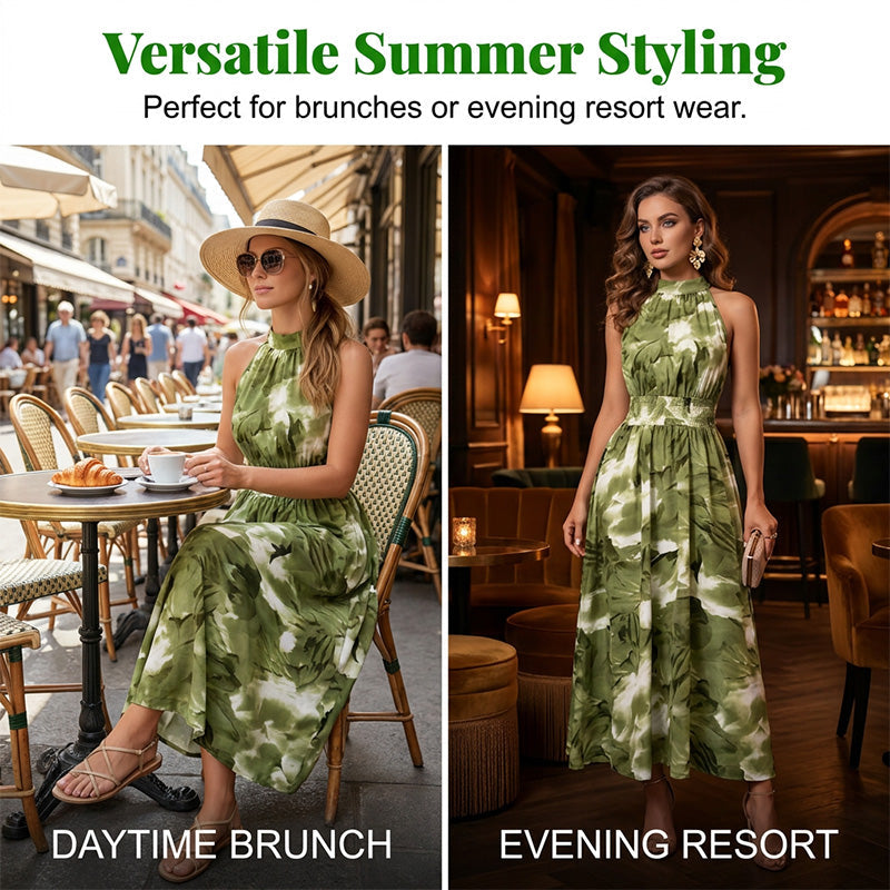 👗 RAJOITETUN AJAN -50% ALENNUS! 💥 Naisten hihaton halterneck-printtimekko – Joustava rypytetty vyötärö, kukallinen, liehuva ✨
