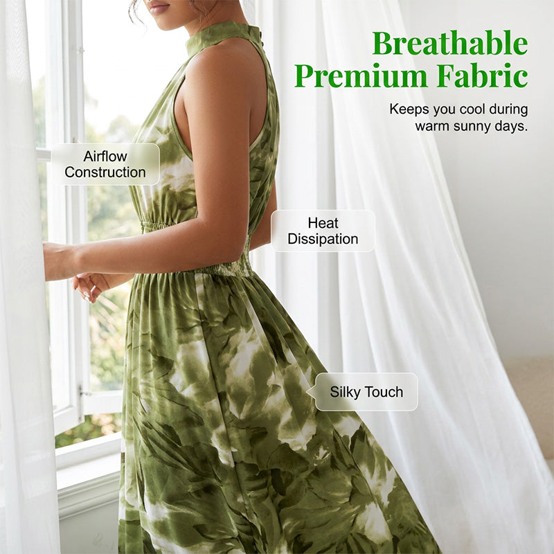 👗 RAJOITETUN AJAN -50% ALENNUS! 💥 Naisten hihaton halterneck-printtimekko – Joustava rypytetty vyötärö, kukallinen, liehuva ✨