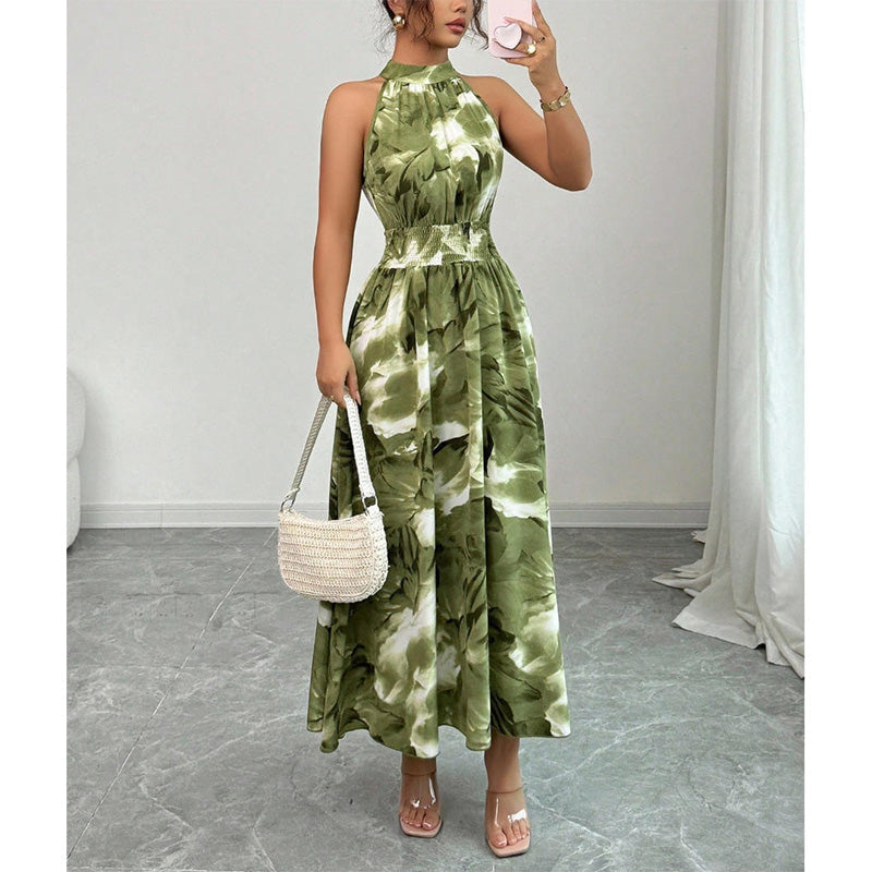 👗 RAJOITETUN AJAN -50% ALENNUS! 💥 Naisten hihaton halterneck-printtimekko – Joustava rypytetty vyötärö, kukallinen, liehuva ✨