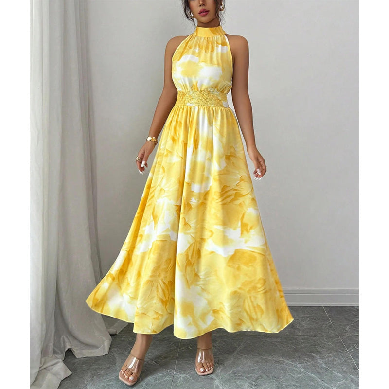 👗 RAJOITETUN AJAN -50% ALENNUS! 💥 Naisten hihaton halterneck-printtimekko – Joustava rypytetty vyötärö, kukallinen, liehuva ✨
