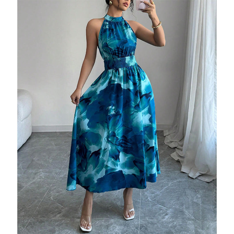 👗 RAJOITETUN AJAN -50% ALENNUS! 💥 Naisten hihaton halterneck-printtimekko – Joustava rypytetty vyötärö, kukallinen, liehuva ✨