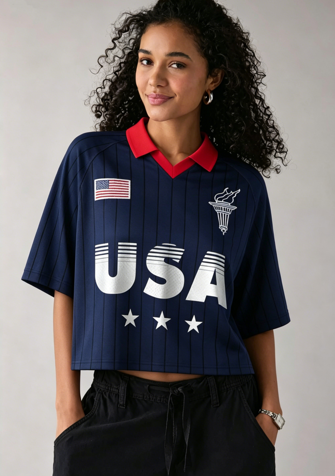 Vintage Navy Pinstripe USA Cropped Collared Soccer Jersey