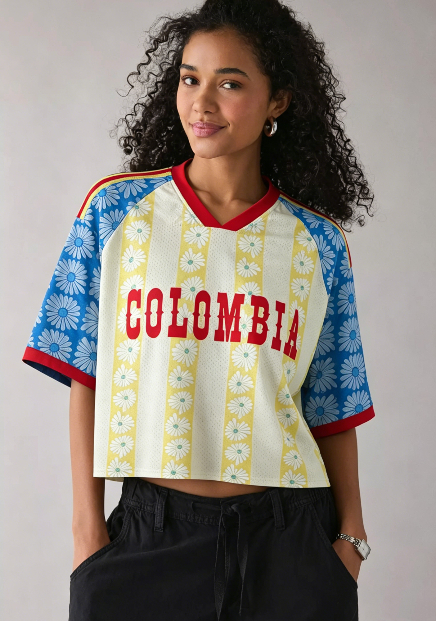 Colombia-Inspired Daisy Cropped Mesh Jersey Shirt