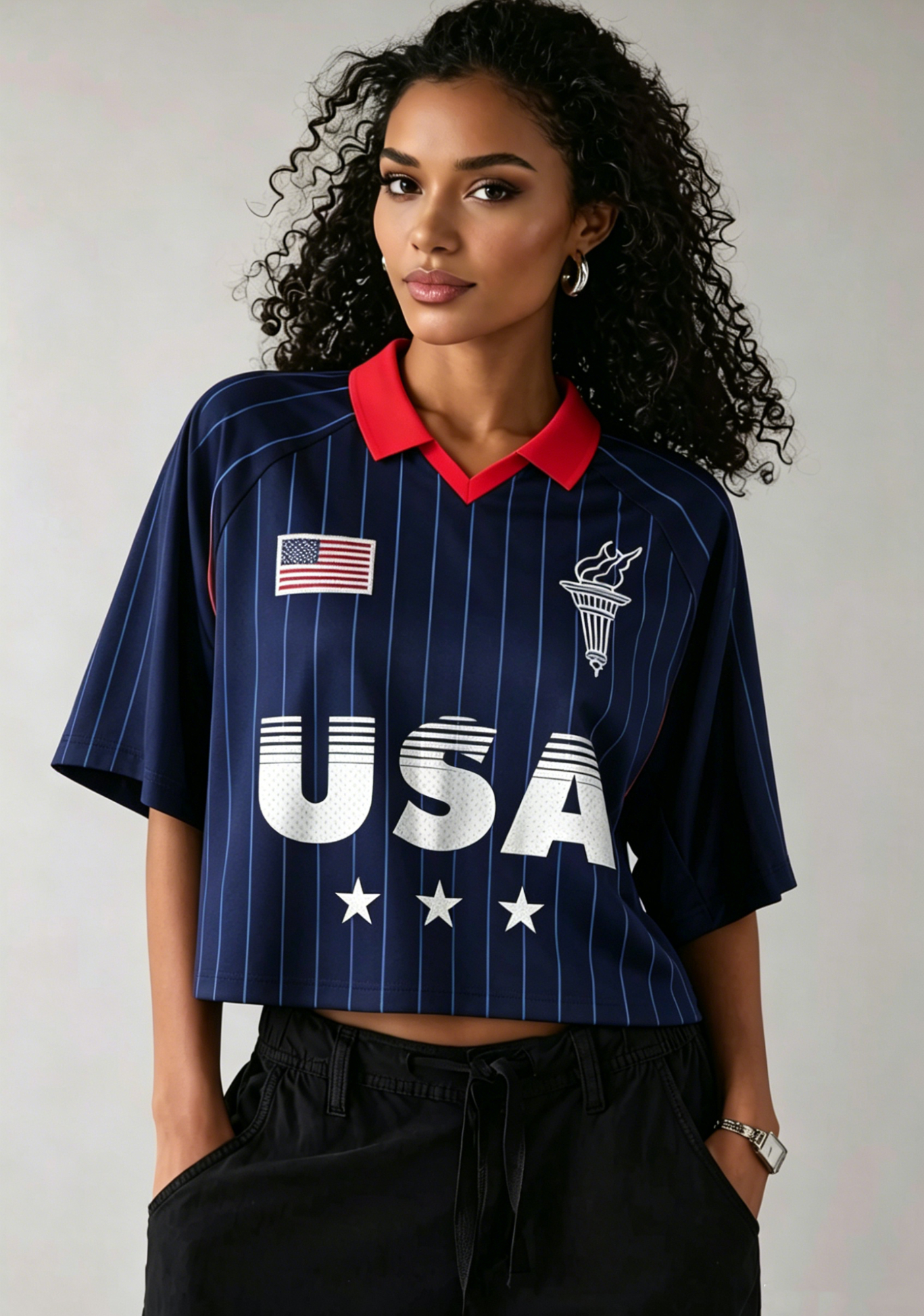 Patriotic USA Three Star Vertical Cropped Collared Soccer Jersey