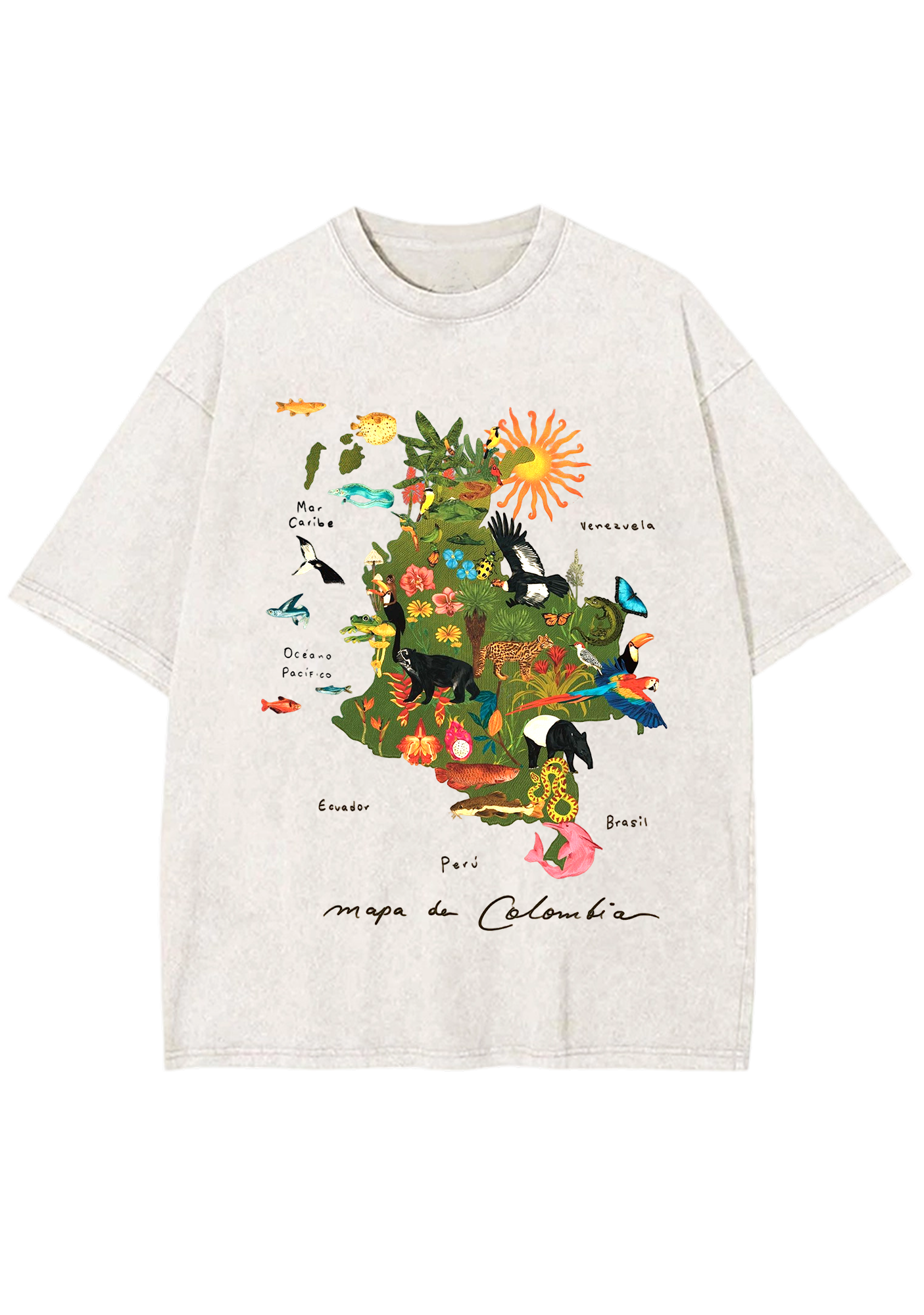 Mapa De Colombia Rainforest Wildlife Map Washed Tee