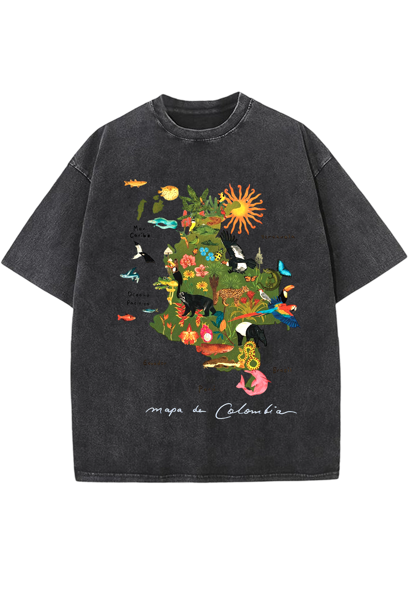 Mapa De Colombia Rainforest Wildlife Map Washed Tee