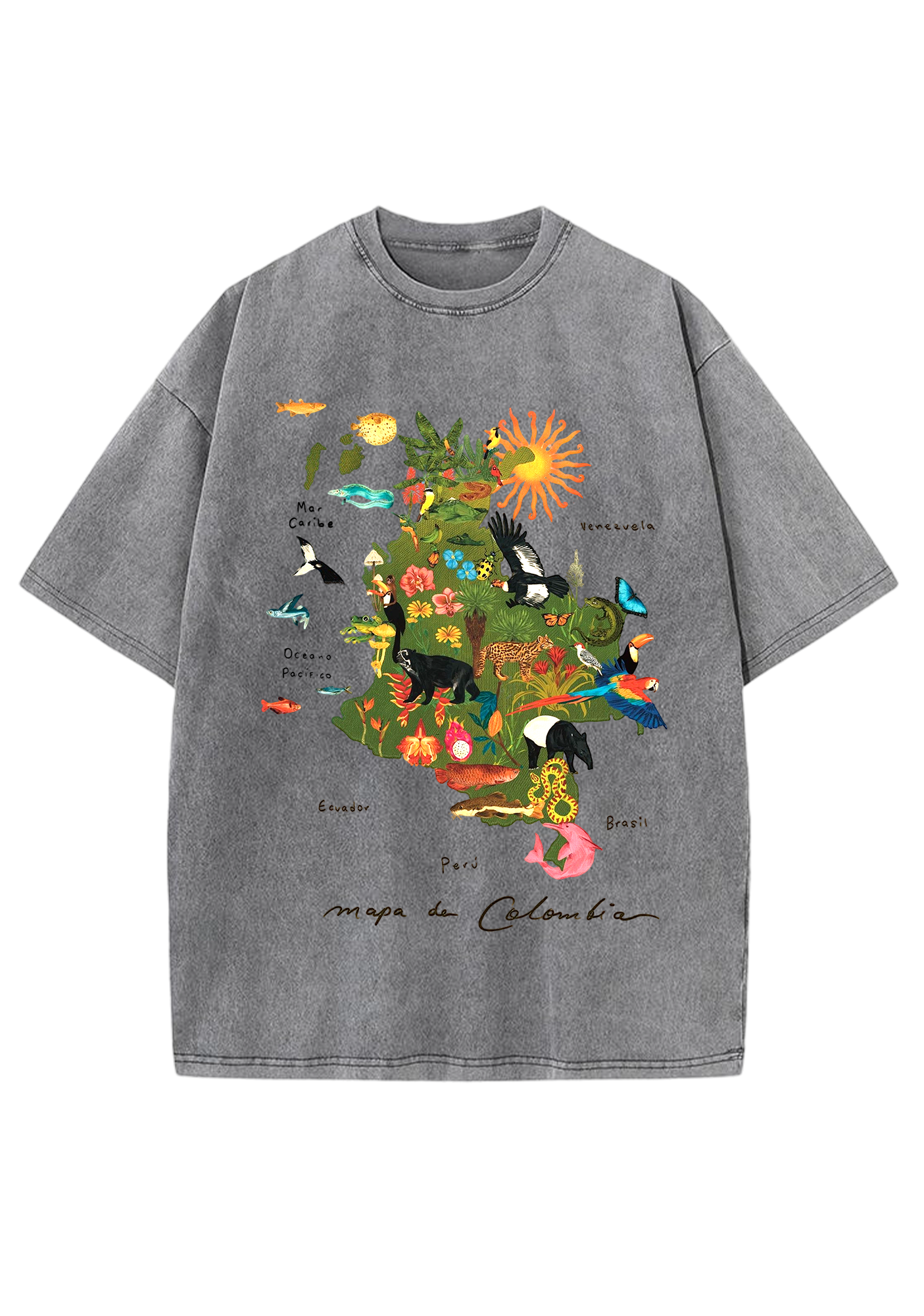 Mapa De Colombia Rainforest Wildlife Map Washed Tee