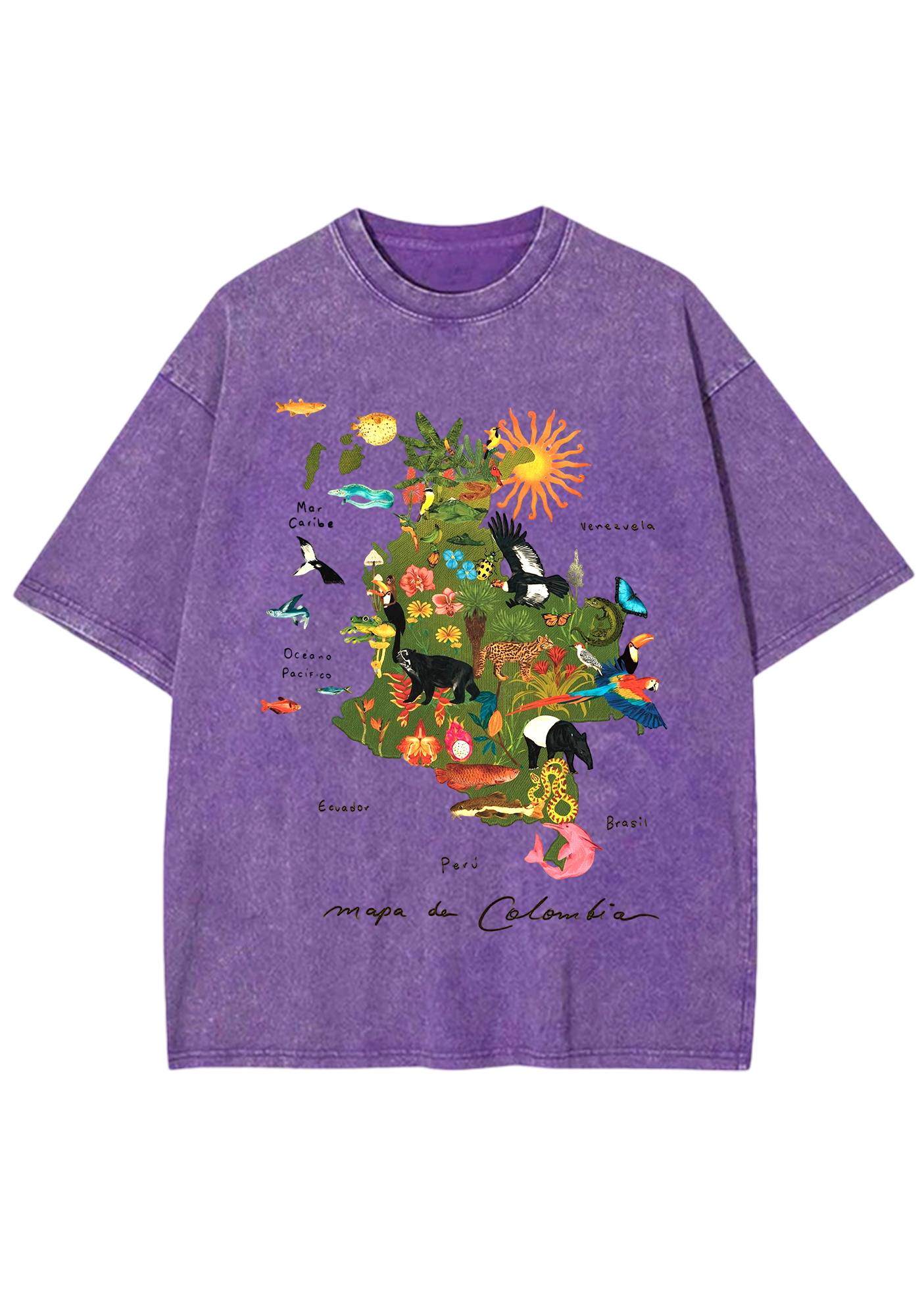 Mapa De Colombia Rainforest Wildlife Map Washed Tee