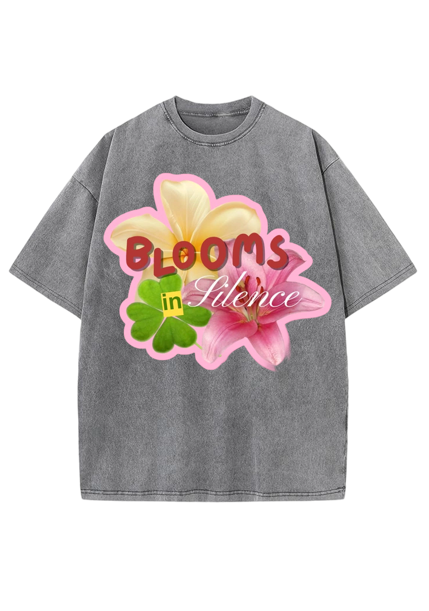 Blooms In Silence Lily Plumeria Clover Floral Washed Tee