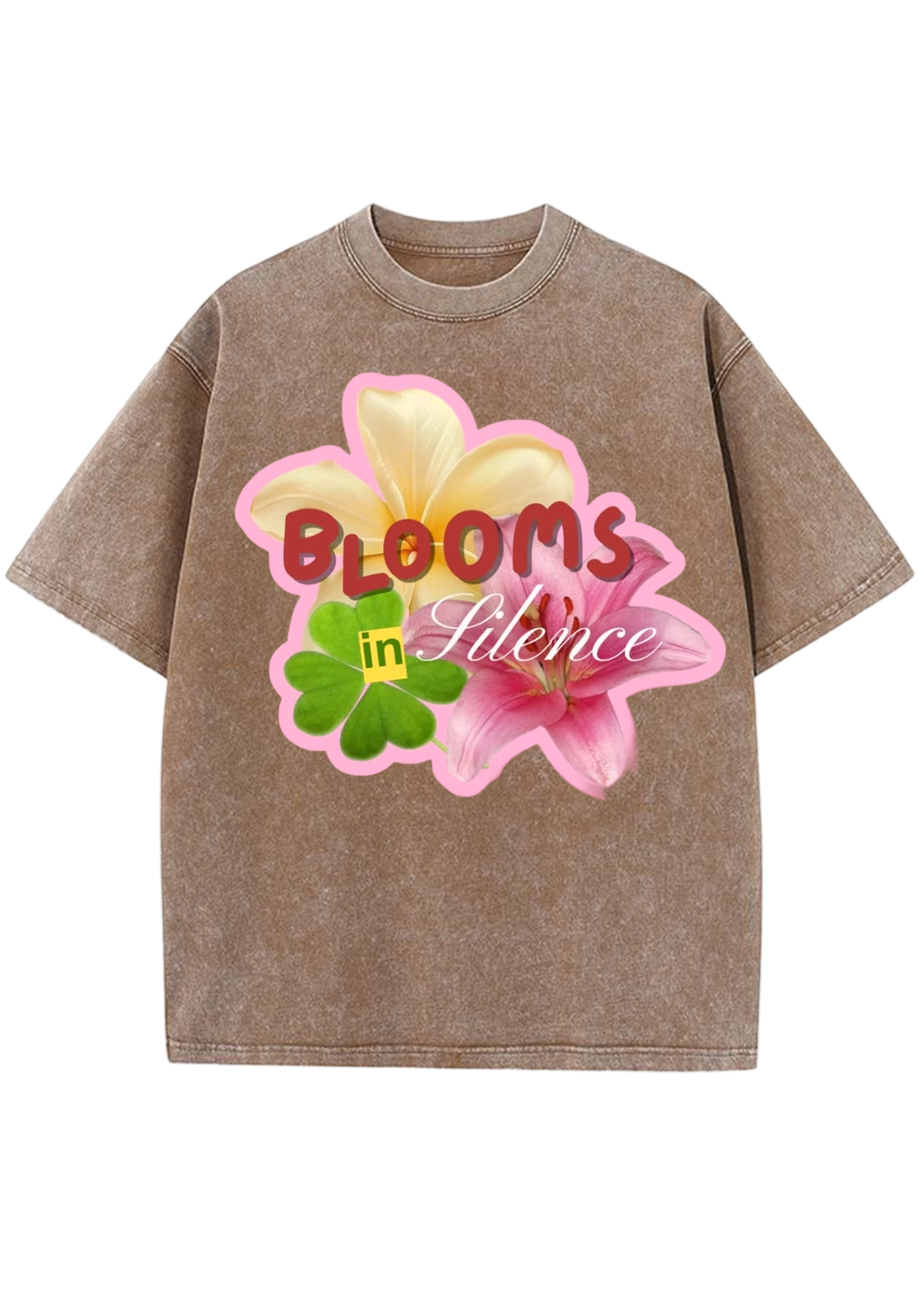 Blooms In Silence Lily Plumeria Clover Floral Washed Tee