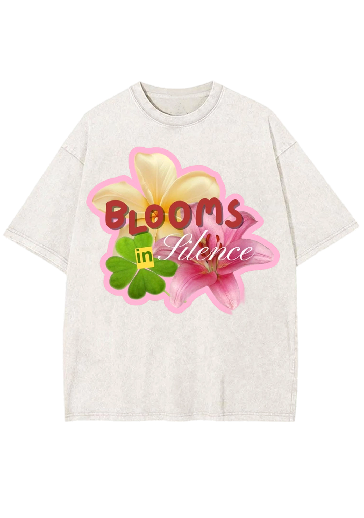 Blooms In Silence Lily Plumeria Clover Floral Washed Tee