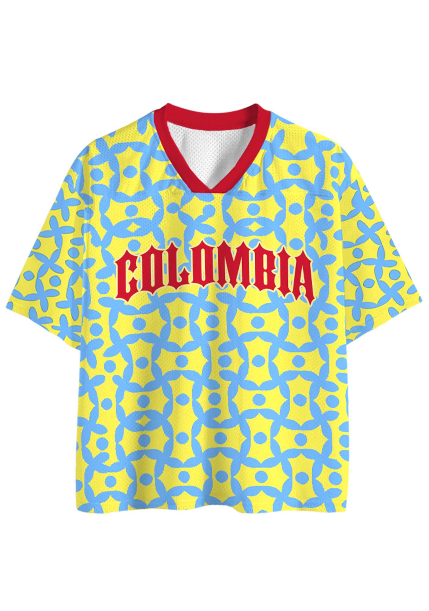 Vibrant Colombia Yellow Blue Floral Mesh Jersey Shirts