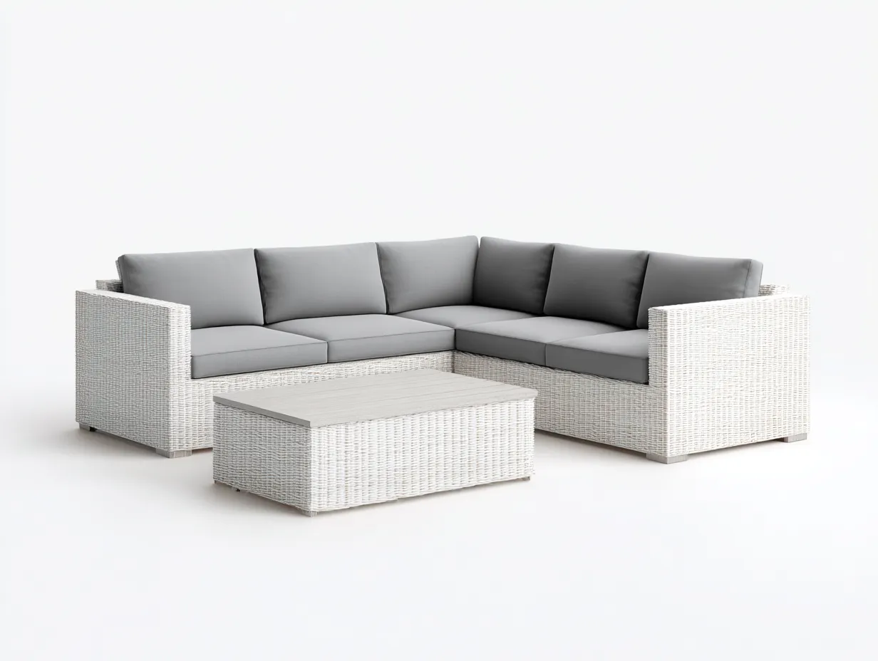 Sofá de exterior esquinero ratán 230x230x85 cm - gris y blanco - diseño moderno para jardín-Dengoyard