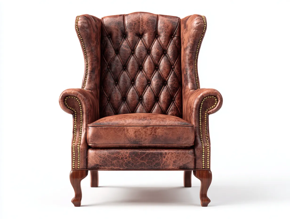 Sillón orejero tapizado 90x85x105 cm marrón efecto cuero envejecido con capitoné para salón estilo clásico-Dengoyard