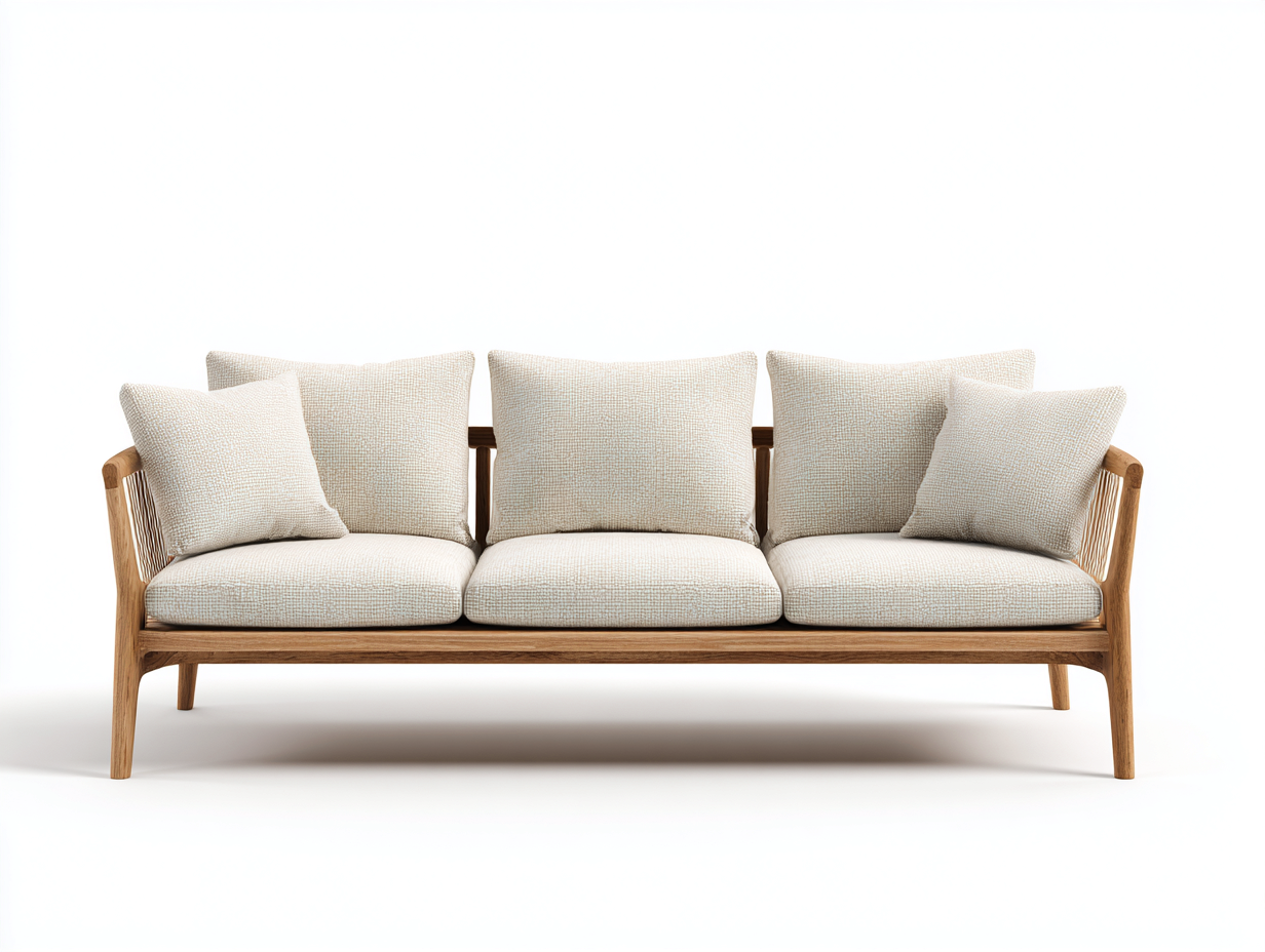 Sofá 3 plazas tela madera 195x75x85 cm - beige - para salón - diseño nórdico-Dengoyard