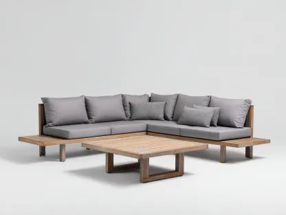 Sofás de exterior de madera 230x180x75 cm marrón claro cojines gris con mesa diseño moderno para jardín-Dengoyard